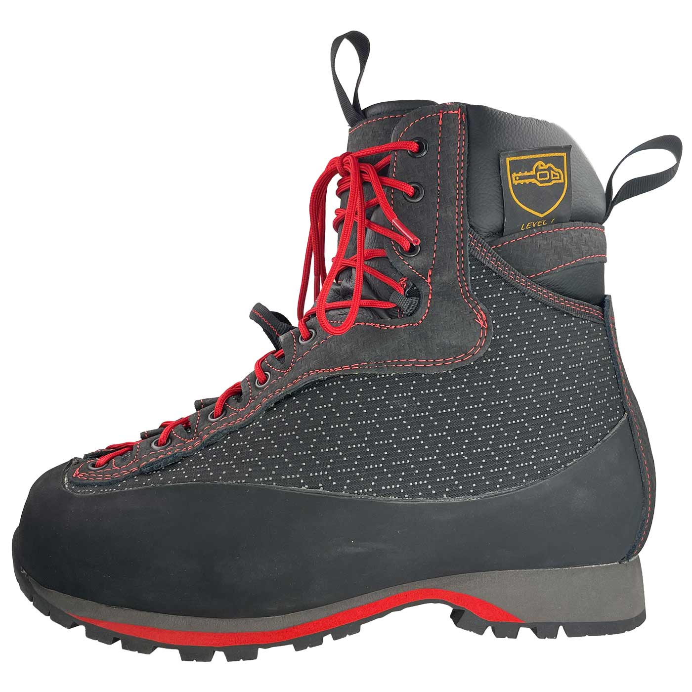 Arborist Xlight Schuh in Schwarz mit roten Schnürsenkeln, seitliche Ansicht mit Herstellerlogo am Schaft