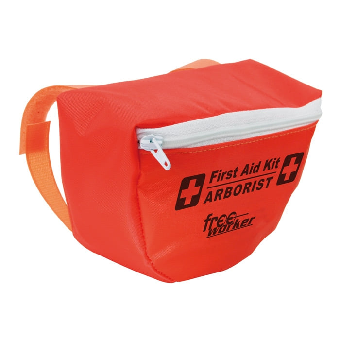 Erste-Hilfe-Pack Freeworker, rotes Erste-Hilfe-Set mit weißem Reißverschluss und Aufschrift "First Aid Kit ARBORIST freeworker" auf der Vorderseite, mit orangefarbenem Klettverschlussband