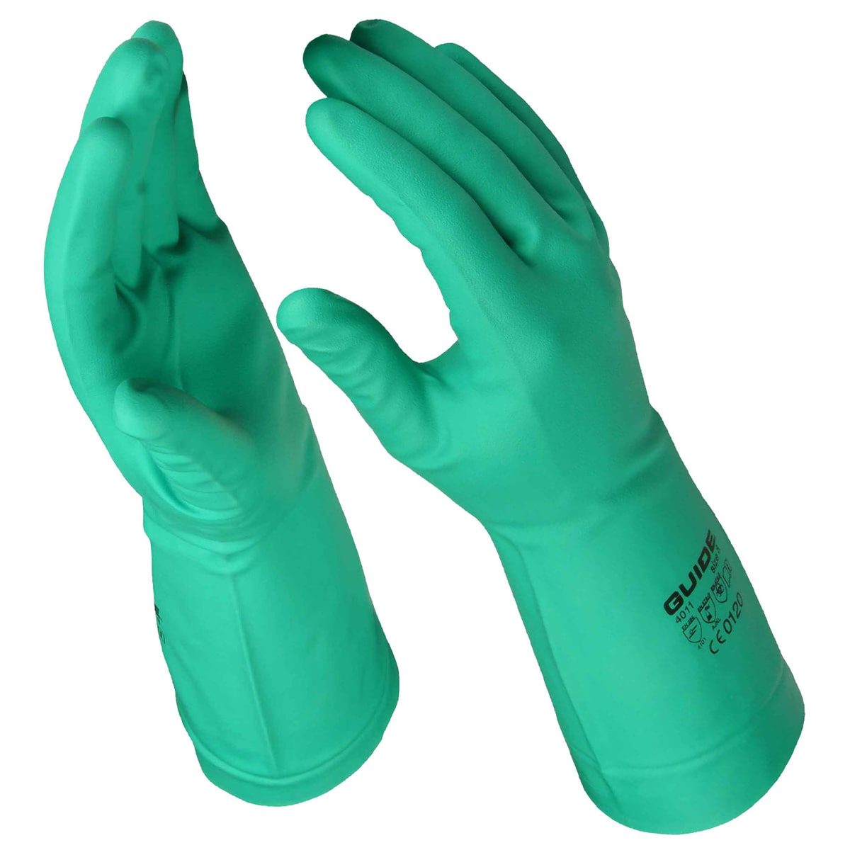 Grüne Chemikalienschutzhandschuhe des Modells 4011 Guide Chemikalien, links und rechts zu sehen, mit Herstellerangabe Guide auf dem rechten Handschuh.
