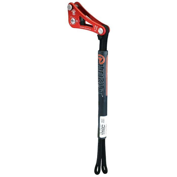 Rope Wrench Double PPE Regulations System roter Metallhebel mit schwarzem Griff und Aufschrift "Height" auf schwarzem Schutzmantel