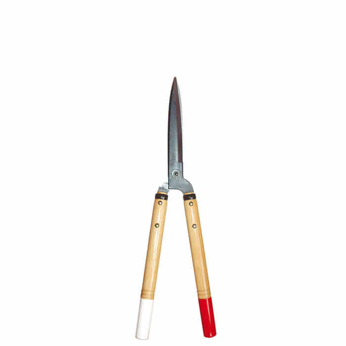 Okatsune Heckenschere 54 mit zwei Holzgriffen, einer rot und einer weiß lackiert, und langen, schmalen Klingen