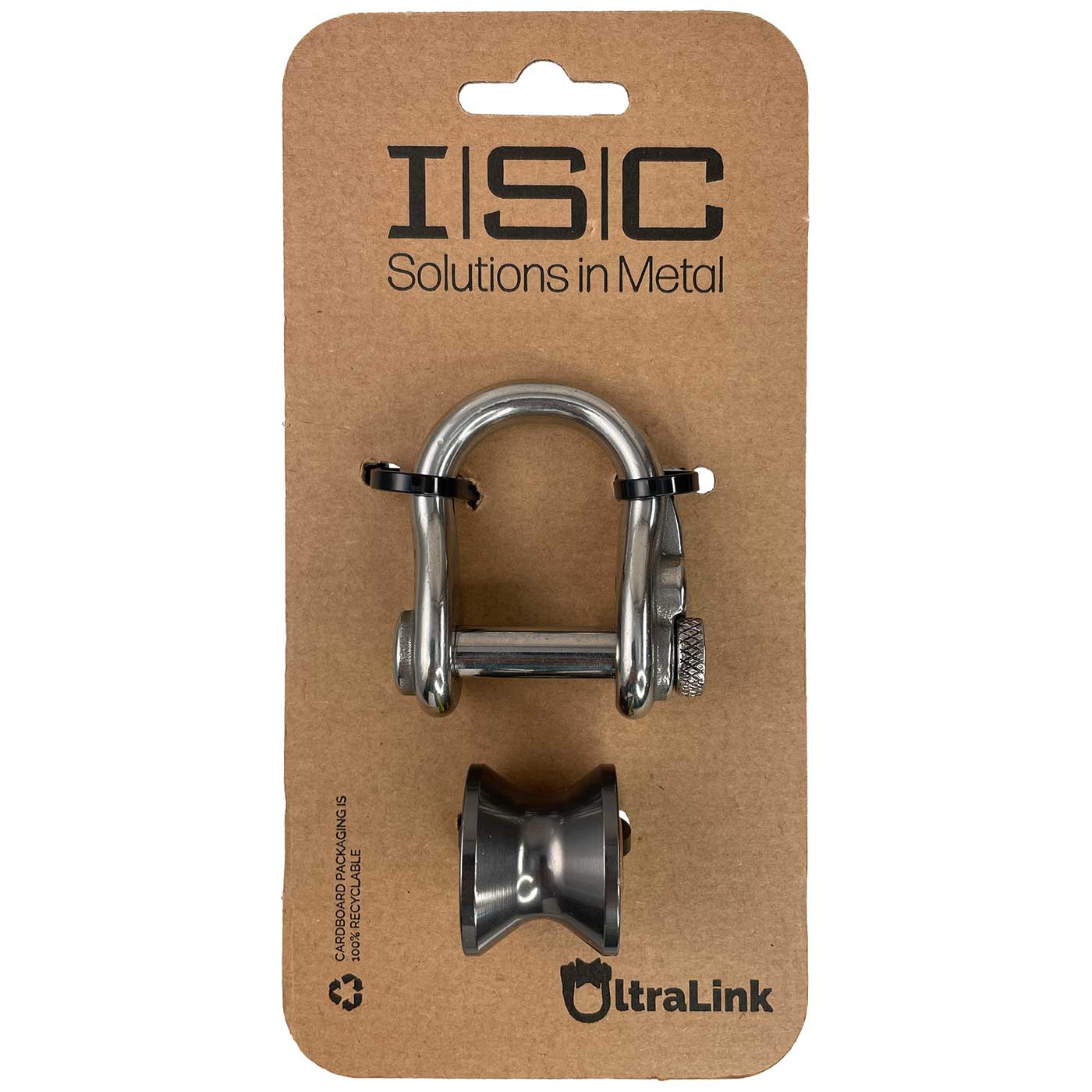 Ultra Link Small von ISC, ein silberner Schäkel und eine graue Rolle auf brauner Pappverpackung mit ISC-Logo und Aufschrift Ultra Link
