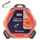 Husqvarna Core-Cut 3.0/56 Trimmer Line in transparenter Kunststoffbox mit oranger Trimmerlinie und dunkelblauem Etikett mit Produktinformationen