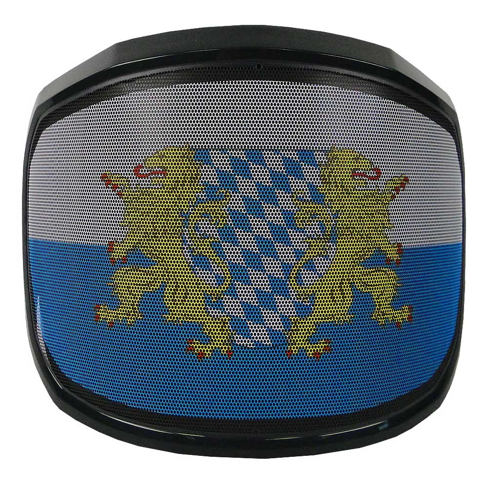 PROTOS® Visier Special Edition mit schwarzem Rahmen und Motiv mit zwei goldenen Löwen und blau-weißem Rautenmuster hinter einem schwarzen Gitter