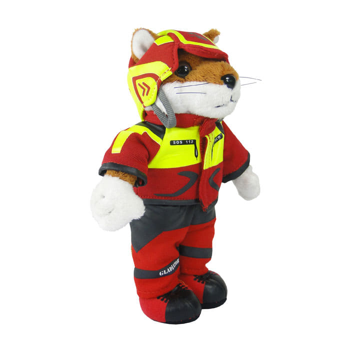 Wiffzack Plüschfigur, ein Tier mit weißem und braunem Fell, trägt eine rote und gelbe Jacke, rote Hose und roten Helm mit gelben Details
