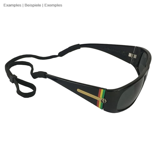 Schwarze Sonnenbrille mit Brillenband, ohne Herstellerangabe, die Brille hat bunte Streifen an den Bügeln