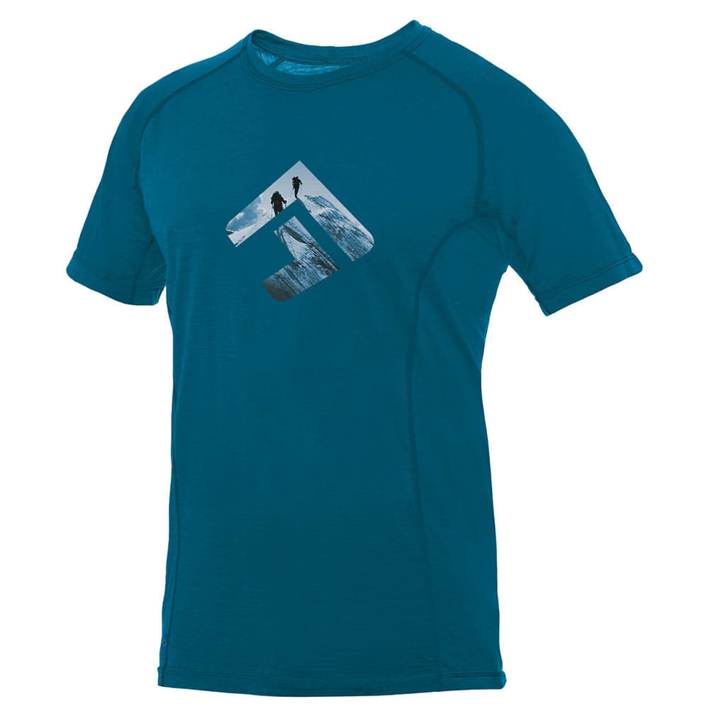 Furry 1.0 blaues T-Shirt mit Rundhalsausschnitt und kurzem Arm, auf der Brust ein Logo mit Bergsteigern im Bergpanorama