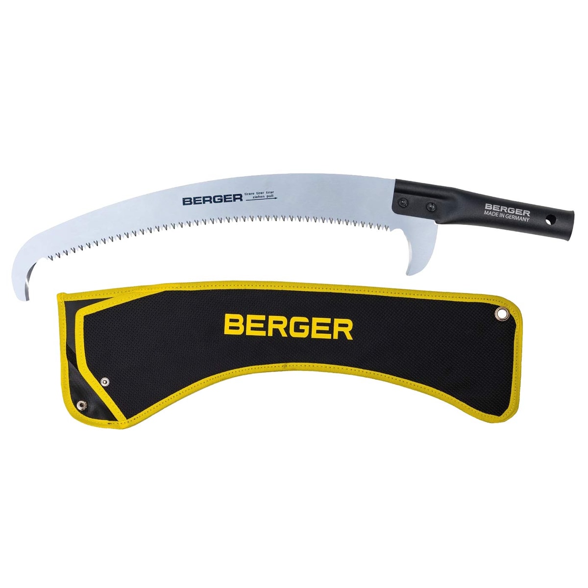 ArboRapid Kopf 400 von BERGER, eine gebogene Säge mit schwarzem Griff und silberner Klinge, dazu eine schwarze und gelbe Schutzhülle mit BERGER Schriftzug