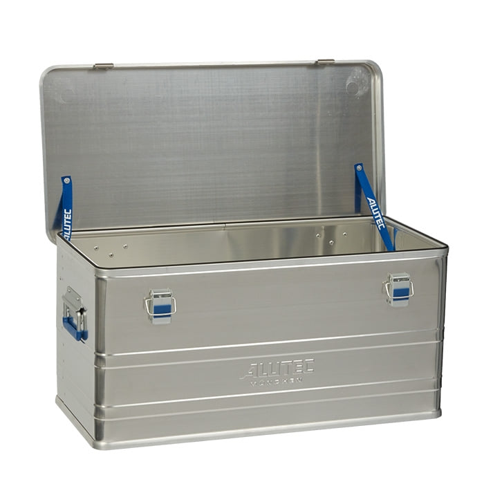 Alubox Comfort 92, geöffnete silberne Aluminiumbox mit blauen Haltebändern und Griffen, Hersteller ALUTEC