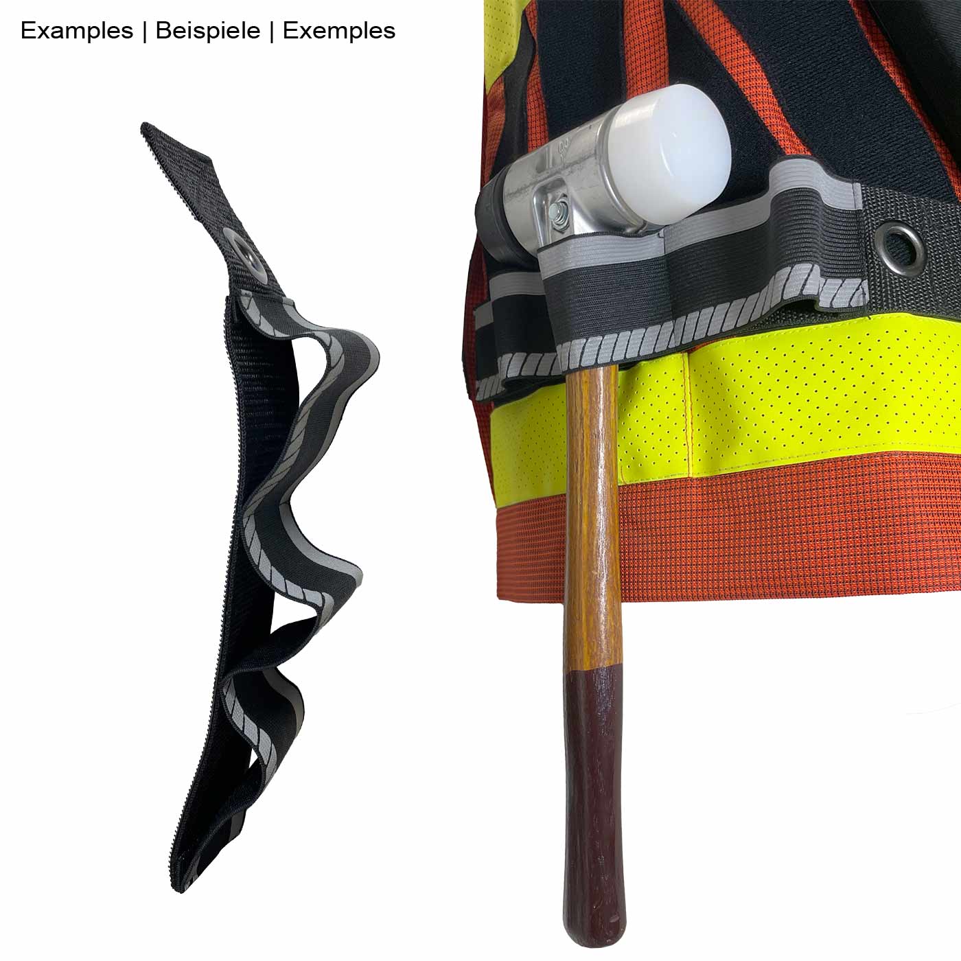 My Gear Vest Basic Set mit schwarzem elastischem Gurt mit reflektierendem Muster, befestigt an einer Warnweste mit einem Hammer