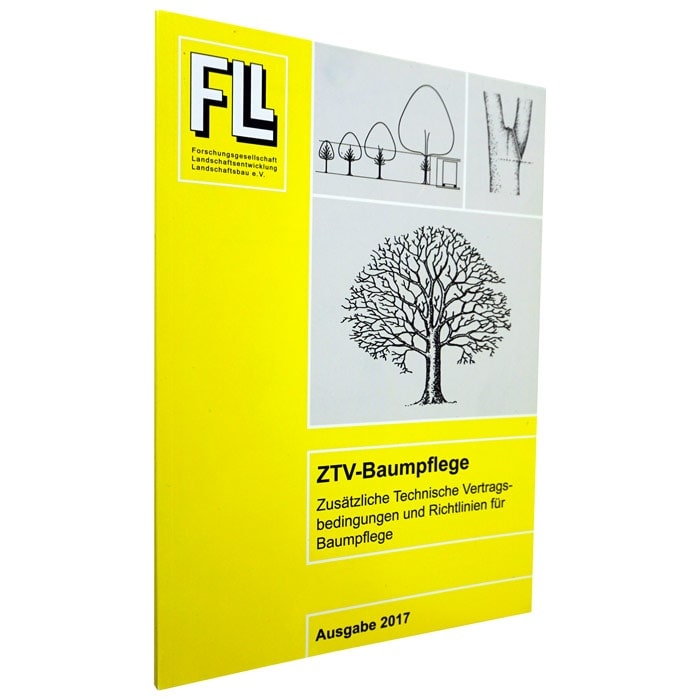 ZTV-Baumpflege Buch von Forschungsgesellschaft Landschaftsentwicklung Landschaftsbau e.V. mit gelbem Umschlag, schräg stehend, Ausgabe 2017