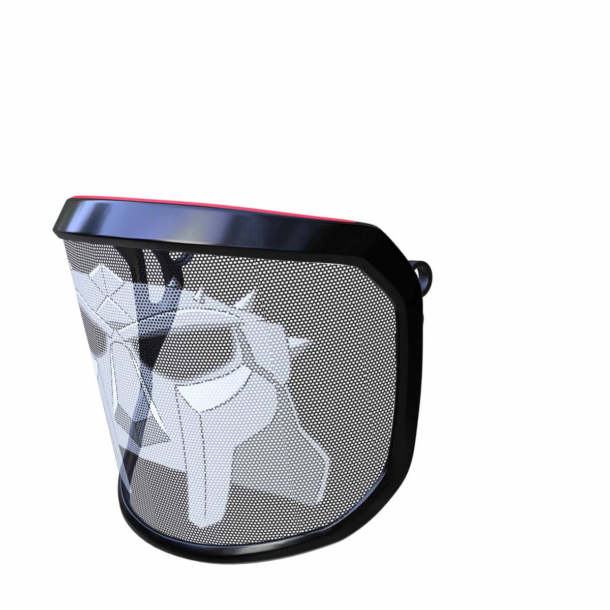 PROTOS® Visier Special Edition, schwarzes Schutzvisier mit weißem, stilisiertem Gesichtsmotiv und rotem Rand oben, seitliche Ansicht von links