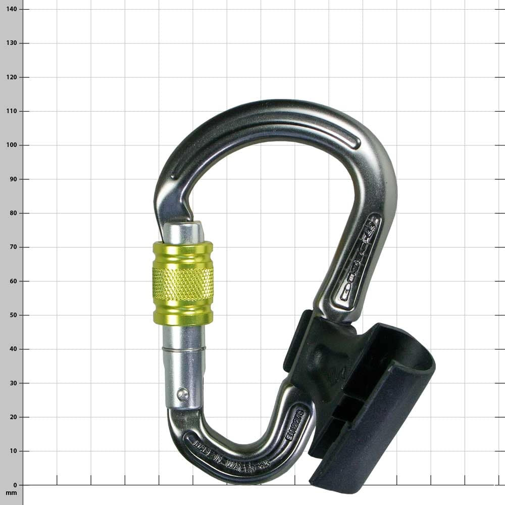 Belay Master Karabiner mit gelbem Verschluss und schwarzem Kunststoffteil
