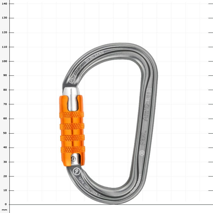AM'D Triact Karabiner mit grauem Metallkörper und orangefarbenem Verschlussmechanismus