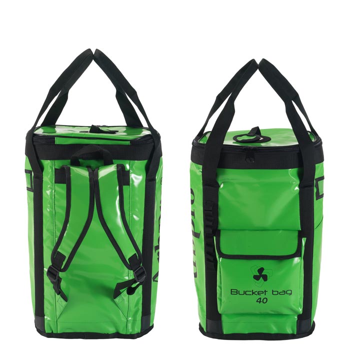Rück- und Vorderansicht des grünen Bucket Backpack 40 von Airpro mit schwarzen Tragegurten und Fronttasche