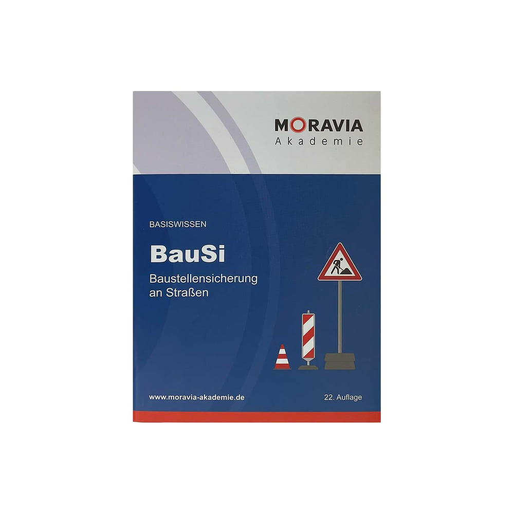 Buch BauSi von Moravia Akademie mit blauem Umschlag und Verkehrsschildern auf der Vorderseite