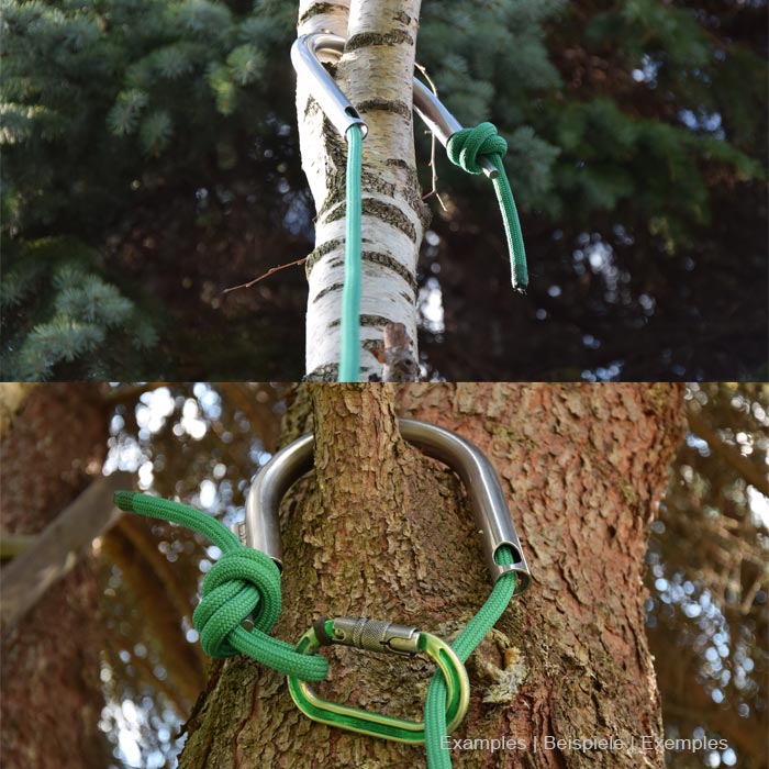 Zwei nebeneinander gezeigte Fotos mit Approach Wurfhaken aus Metall, der an Baumstämmen mit grünem Seil und Karabiner befestigt ist, Waldhintergrund