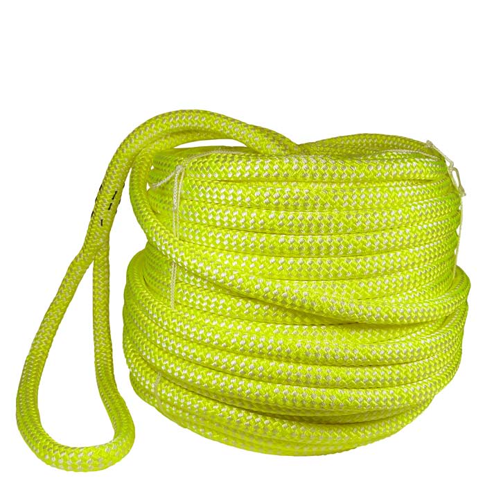 Sirius Bull Rope 16 S, aufgewickeltes hellgelbes und weißes geflochtenes Seil mit einer Schlaufe, freigestellt auf weißem Hintergrund