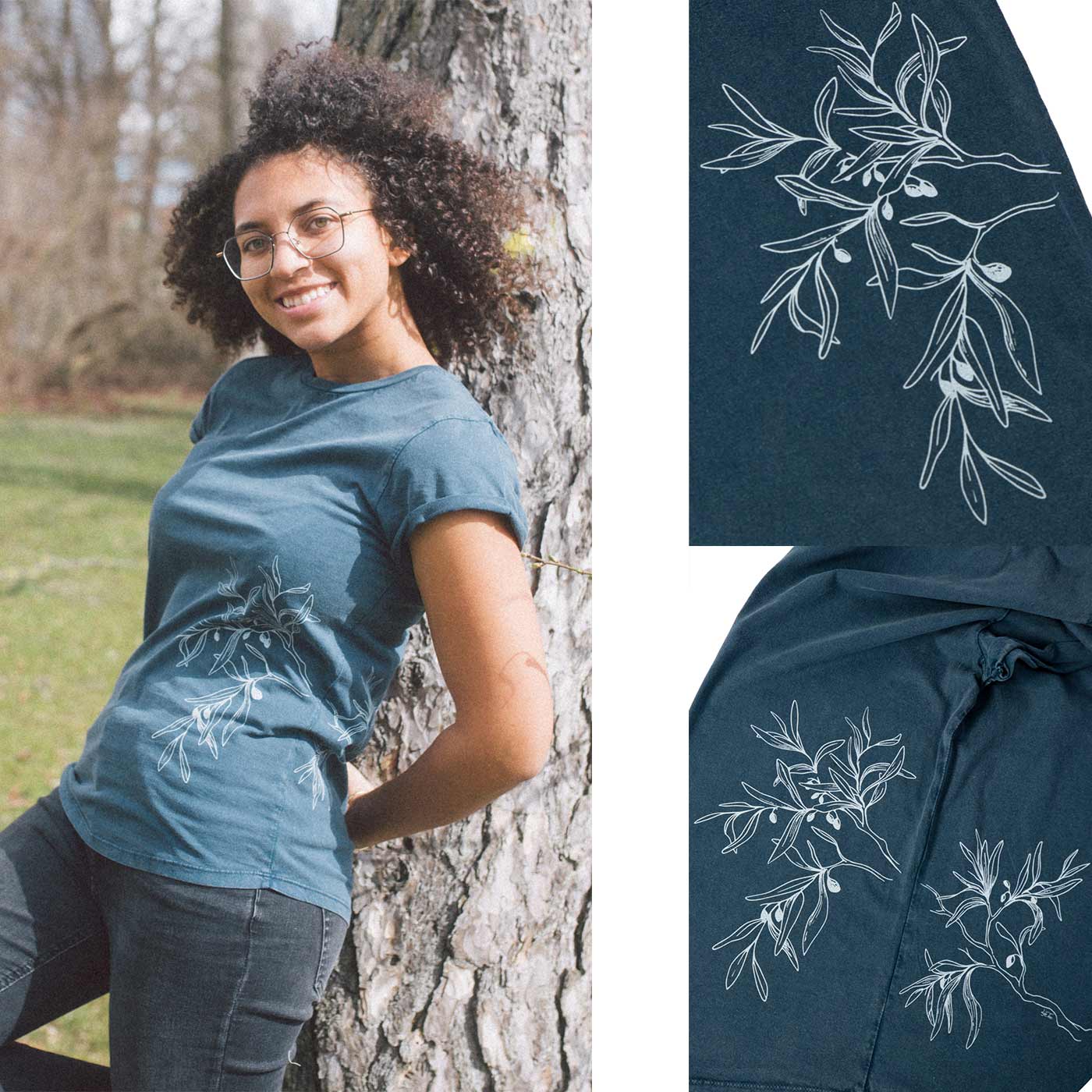 Eine Frau lehnt an einem Baum und trägt ein dunkelblaues T-Shirt "Olive Branch" mit weißem Olivenzweig-Motiv, daneben zwei Nahaufnahmen des Drucks.