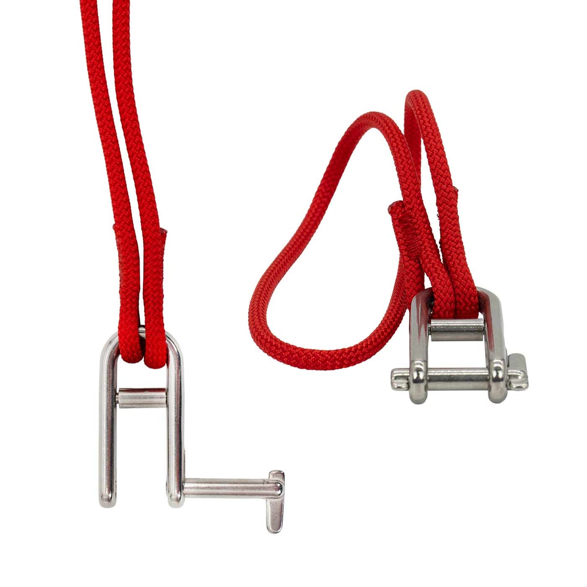 pulleySAVER mit roten Seilen und zwei Metallbügeln auf weißem Hintergrund
