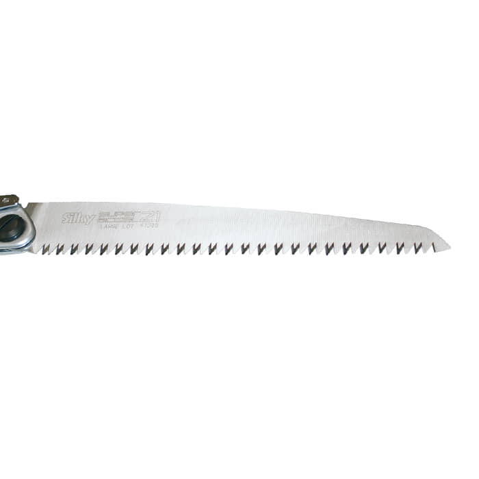 Super Accel 210-7.5 Sägeblatt, silbernes Metallblatt mit gezackten Zähnen und Befestigungselement links