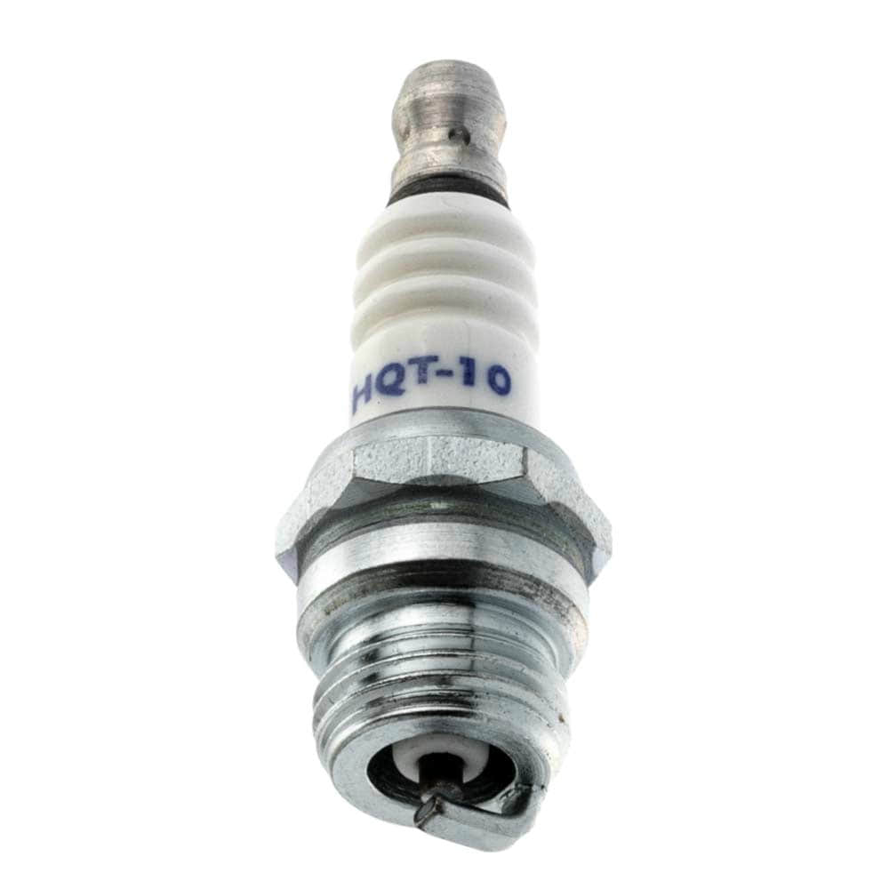 HQT-10 Zündkerze mit weißem Keramikisolator und Metallgewinde, Beschriftung HQT-10 auf dem Isolator