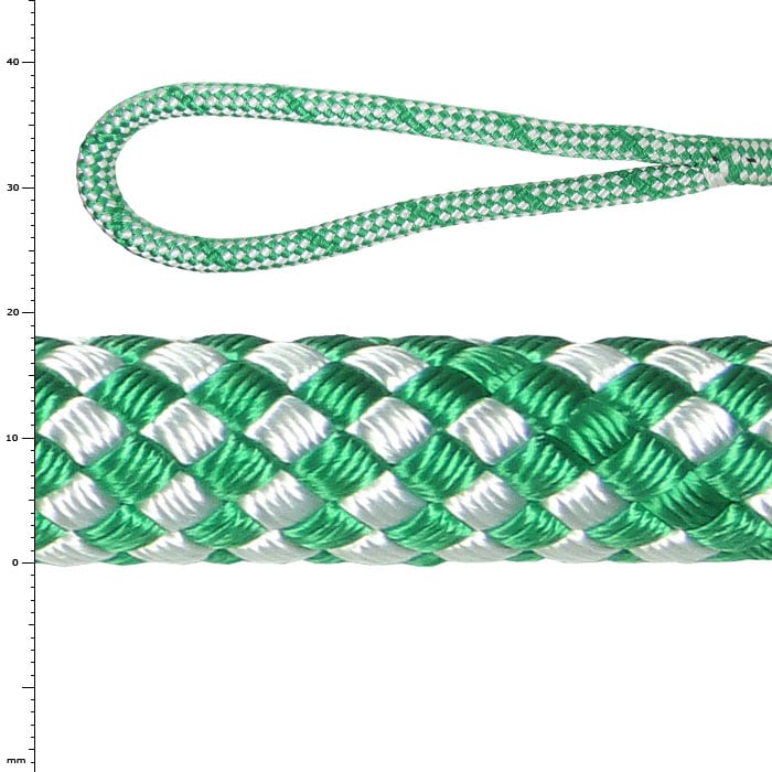Sirius Bull Rope 18 S zeigt ein grünes und weißes geflochtenes Seil mit Schlaufe am Ende.
