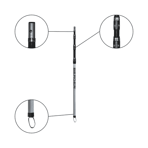 ArboRapid Ultra Light Climber 270 mit drei vergrößerten Detailansichten der Metallspitze, der Schnallen und der Schlaufe am unteren Ende des silbernen Kletterstocks, Herstellername Berger sichtbar