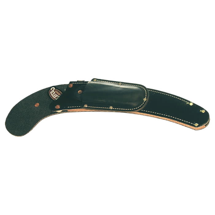 Schwarze Scabbard Curved S Scheide aus Leder mit weißen Nähten und Metallnieten, Herstellerbezeichnung "WEAVER" sichtbar
