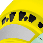 Nahaufnahme der Lüftungsöffnungen und reflektierenden weißen Aufkleber am gelben Petzl Vertex Vent Hi-Viz Helm
