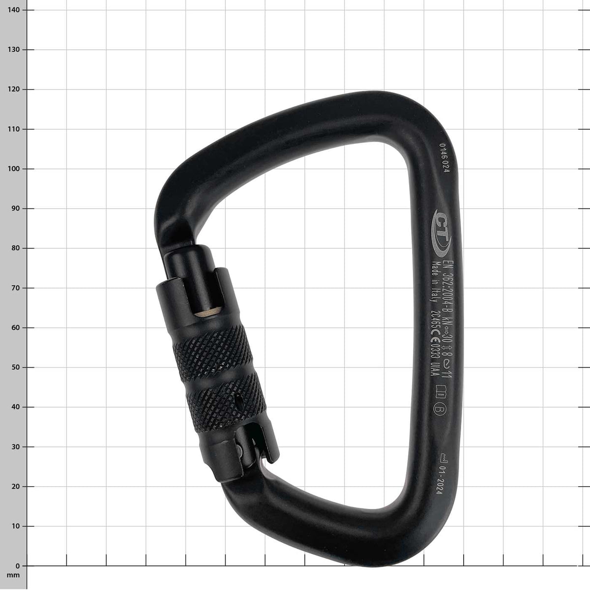 Marmolada Big D Karabiner in Schwarz mit Schraubverschluss, Ansicht von vorne mit sichtbaren technischen Angaben