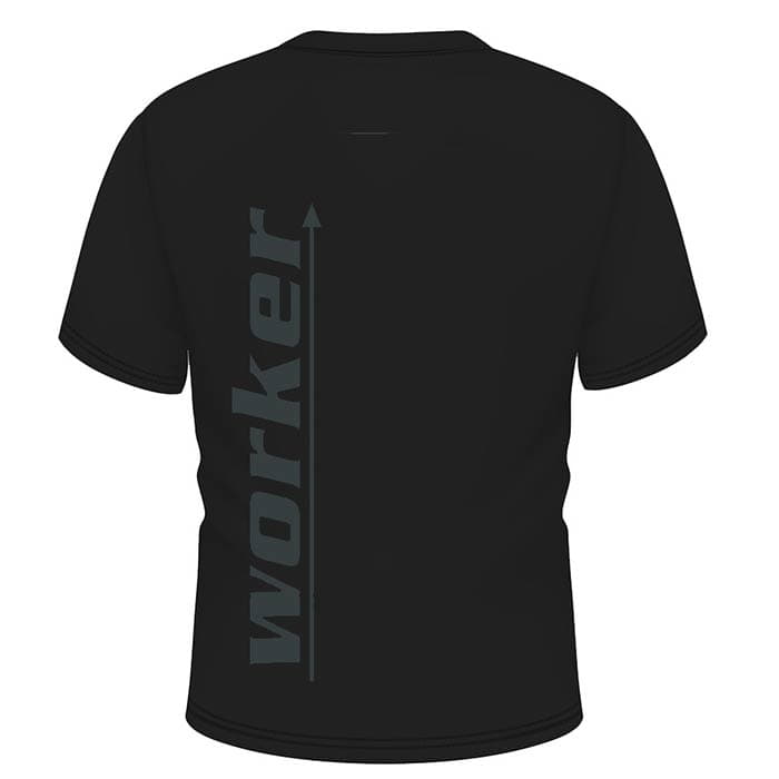 Schwarzes T-Shirt mit grauem senkrechtem Schriftzug "worker" auf der Rückseite, Produktname Tree Frog