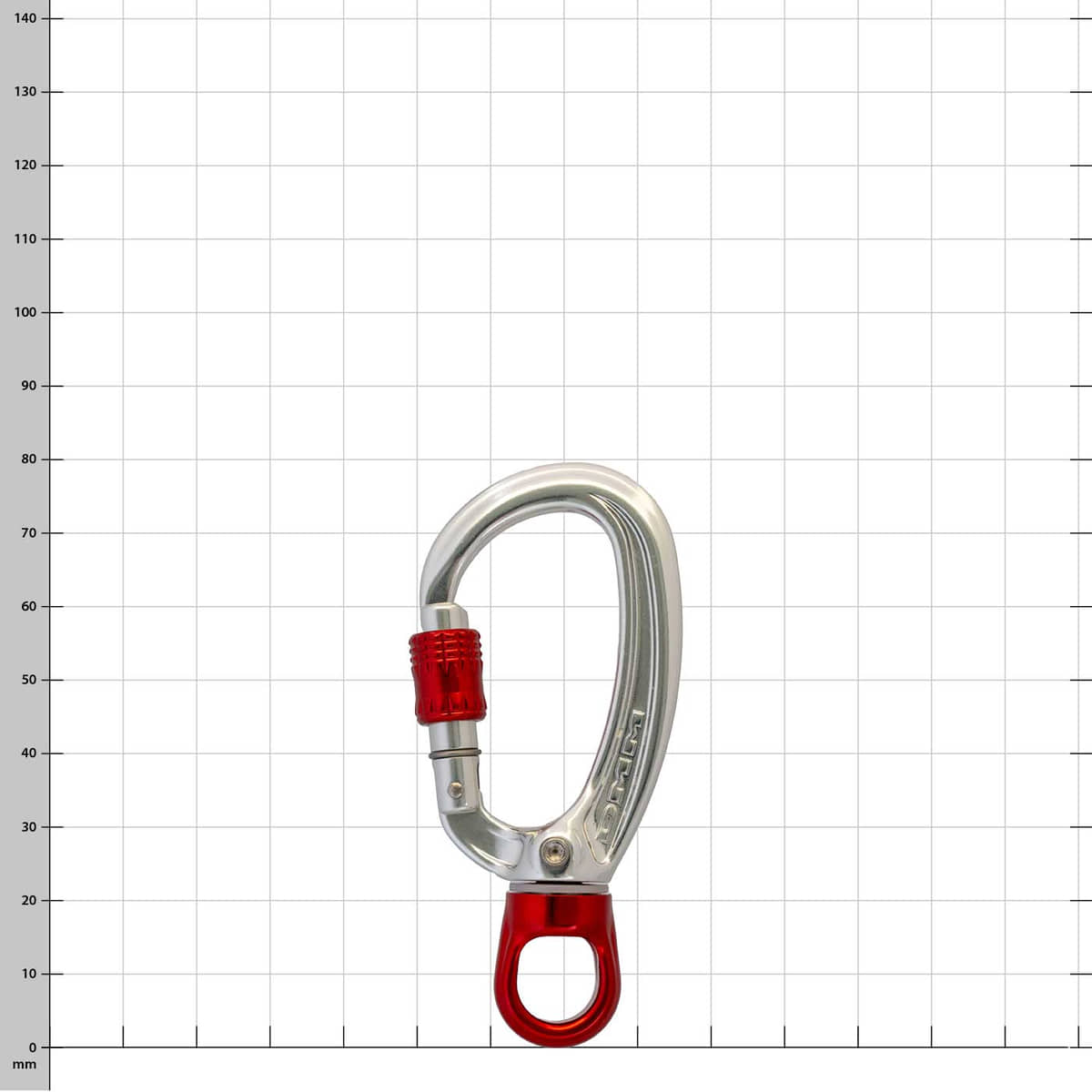 XSRE Swivel Lock Karabinerhaken in Silber mit rotem Drehverschluss und rotem Drehwirbel, vor einem karierten Hintergrund