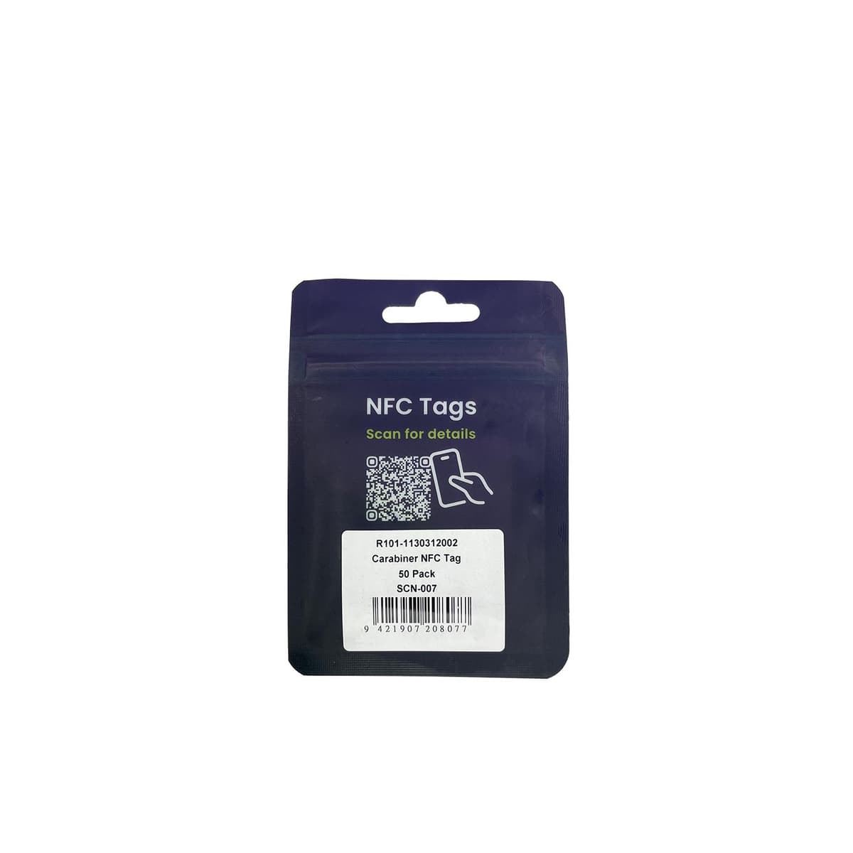 Hardware NFC Tag von Scannable, Rückseite der schwarzen Verpackung mit Aufschrift "NFC Tags" und Barcode