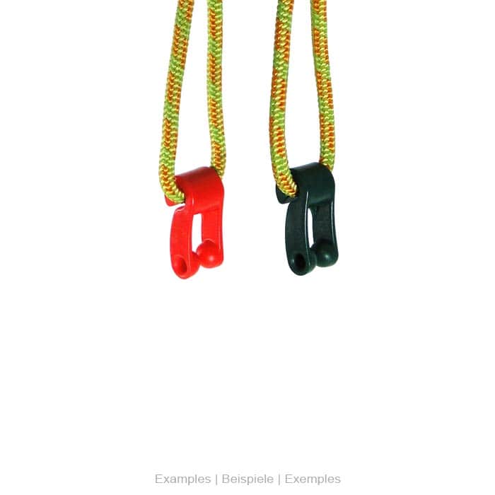Fast Hook 3er Pack mit einem roten und einem grünen Farbhaken, jeweils an gelben Seilen hängend