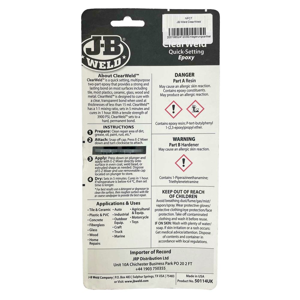 Rückseite der JB Weld ClearWeld Quick-Setting Epoxy Verpackung mit detaillierten Anweisungen, Warnhinweisen, Gefahrenpiktogrammen und Anwendungsbereichen, alles in schwarz-weißem Design mit Hersteller- und Importeurinformationen