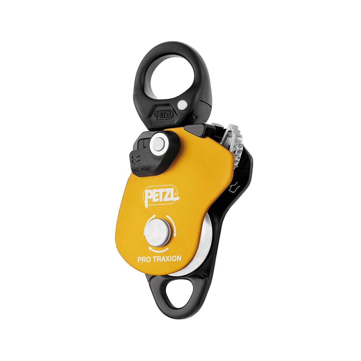 Petzl Pro Traxion Seilrolle in Gelb und Schwarz mit zwei großen Ösen und einem runden Karabinerbefestiger oben