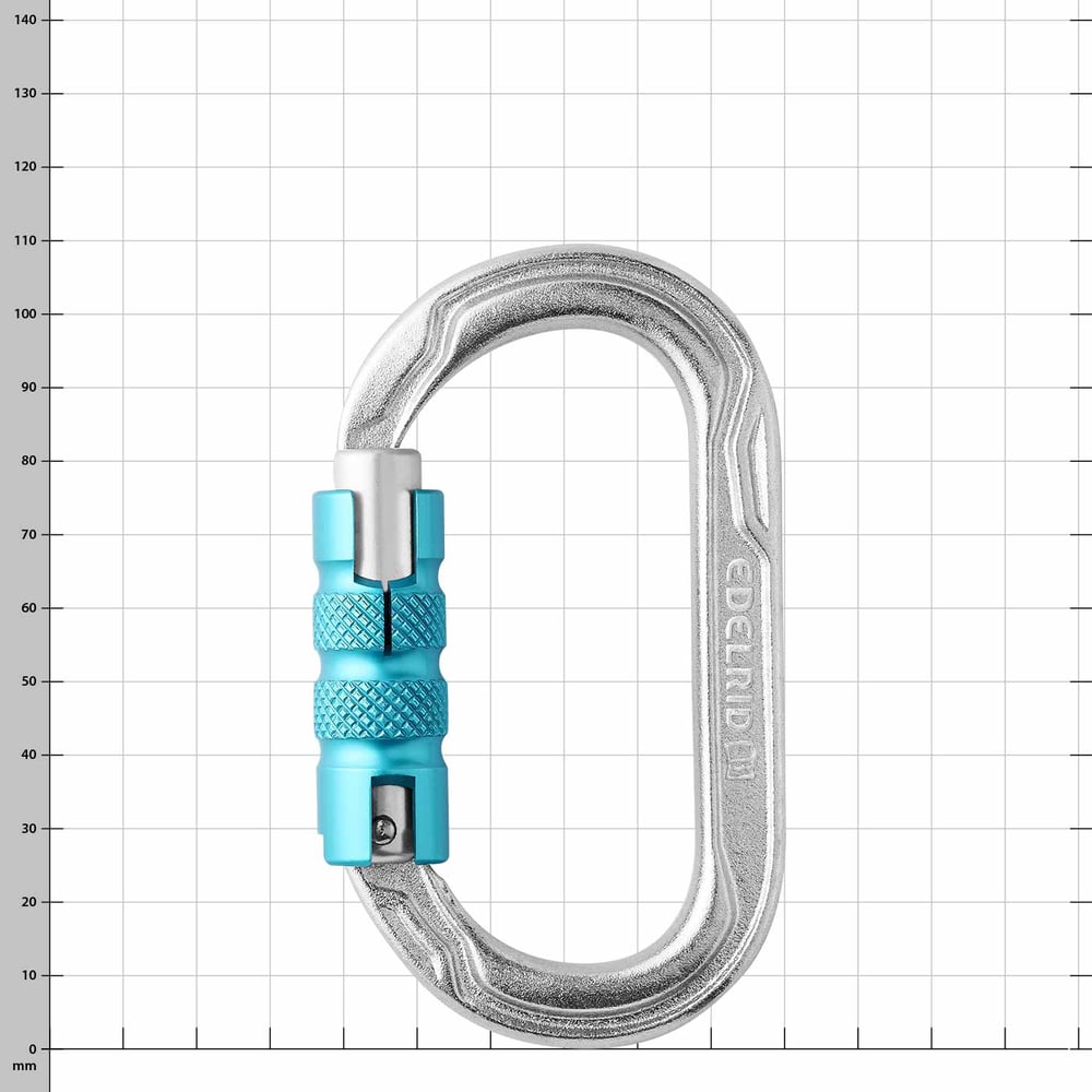 Oval Power Steel Triple Karabiner aus Stahl mit blauem Schraubverschluss und Herstellergravur Edelrid auf der Seite