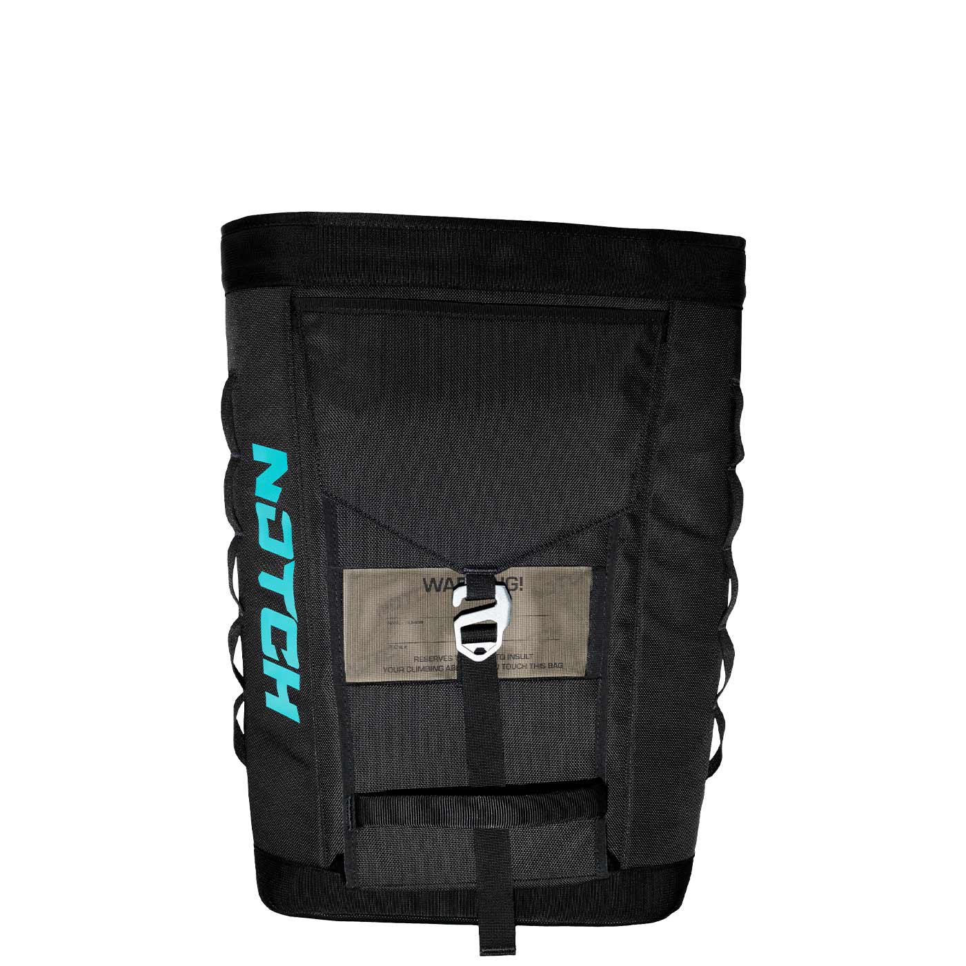 Schwarze Approach Bag mit türkisfarbenem NOTCH-Logo auf der Seite, Frontklappe mit Schnalle und transparentem Warnhinweis