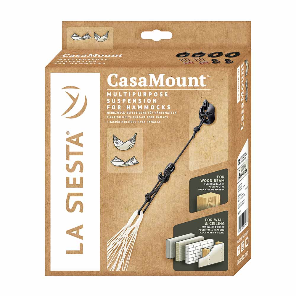 Verpackung des CasaMount Hammock von La Siesta in Braun mit weißen und schwarzen Schriftzügen und Abbildungen der Hängemattenbefestigung