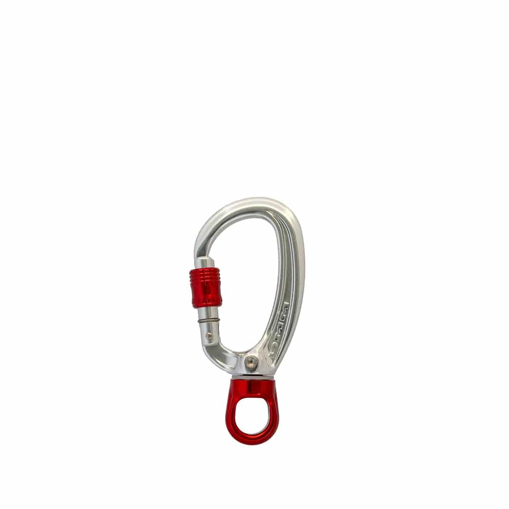 XSRE Swivel Lock Karabinerhaken in Silber mit rotem Drehverschluss und rotem Drehwirbel, vor weißem Hintergrund