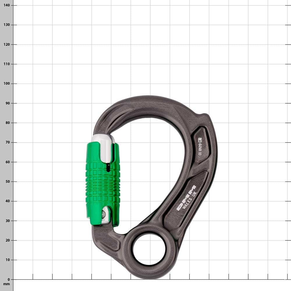 Director Captive Eye von DMM, schwarzer Karabiner mit grünem Verschlussmechanismus und runder Öse am unteren Ende