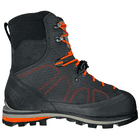 Evo Safety Schuh in schwarzem Material mit orangefarbenen Schnürsenkeln, roter Naht und grauem Sohlenrand, Herstellername nicht sichtbar