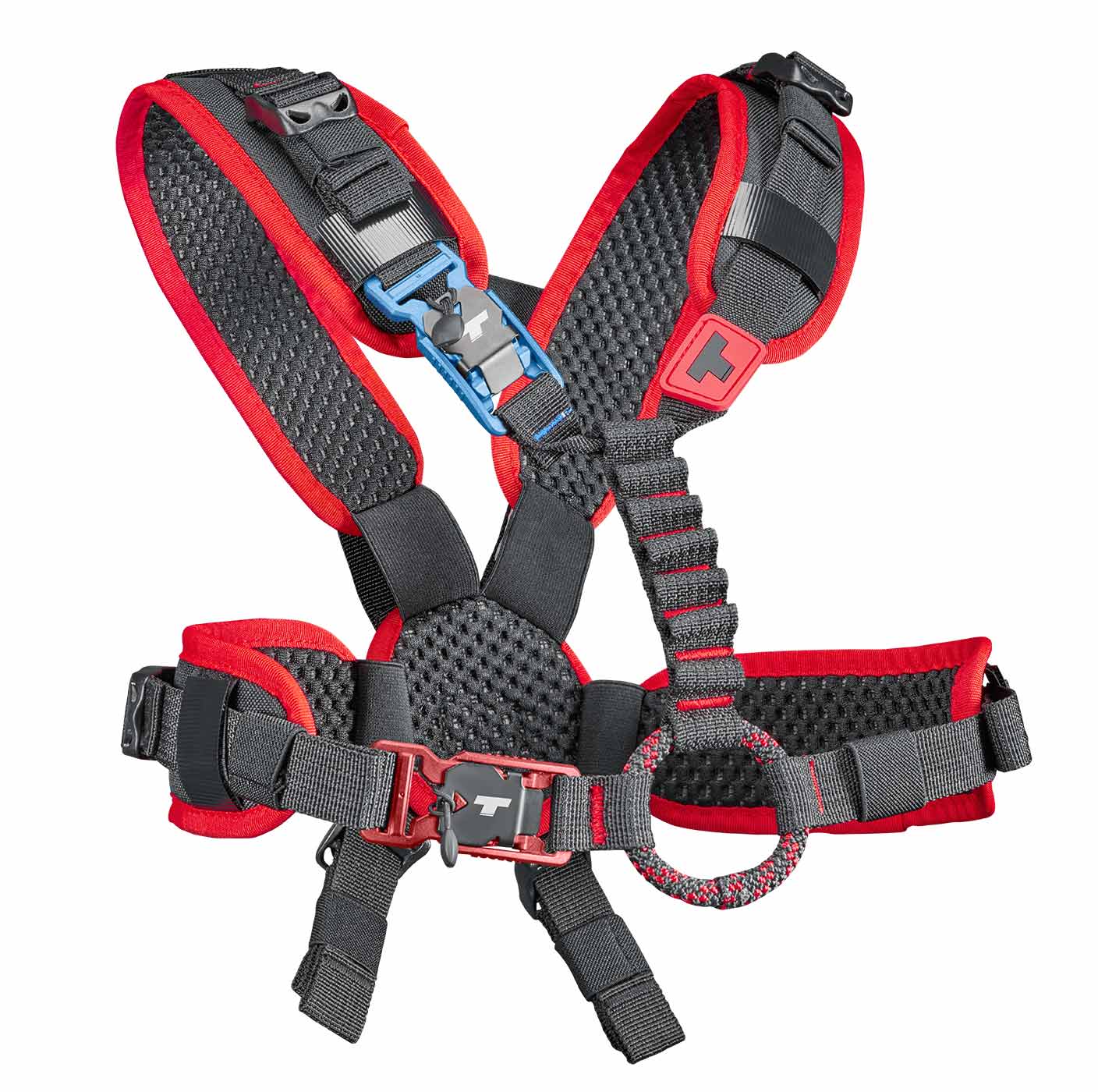 upMOTION SRT, schwarzer und roter gepolsterter Klettergurt mit mehreren Schnallen und einem Seilring in der Mitte
