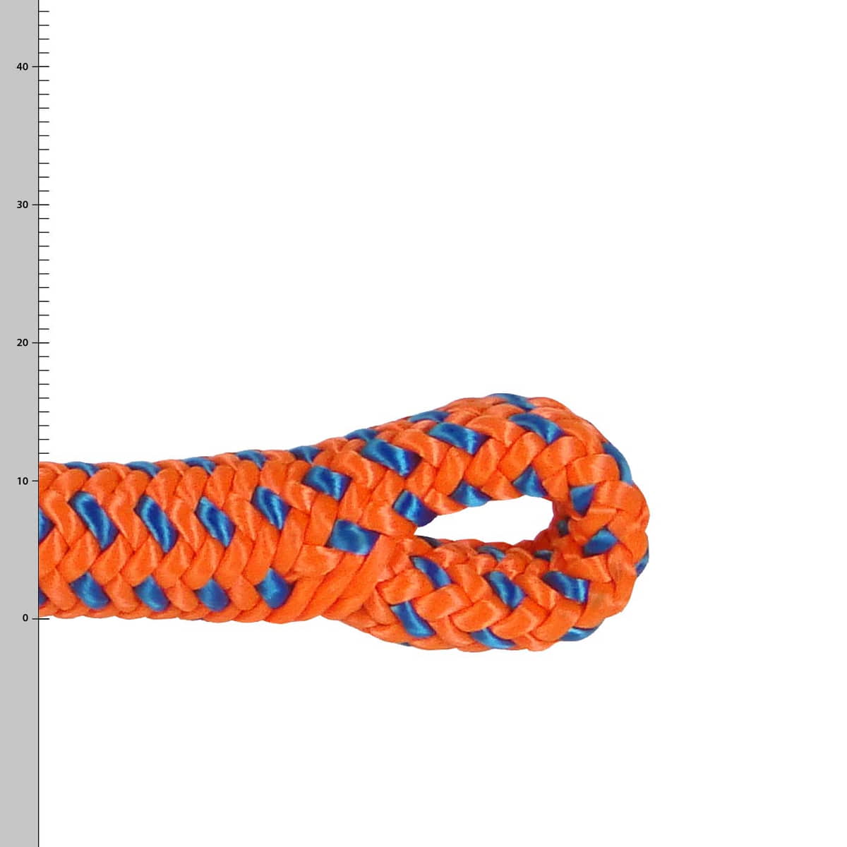 Tachyon Orange spLIFE, Nahaufnahme eines orange-blauen geflochtenen Seilendes mit Schlaufe