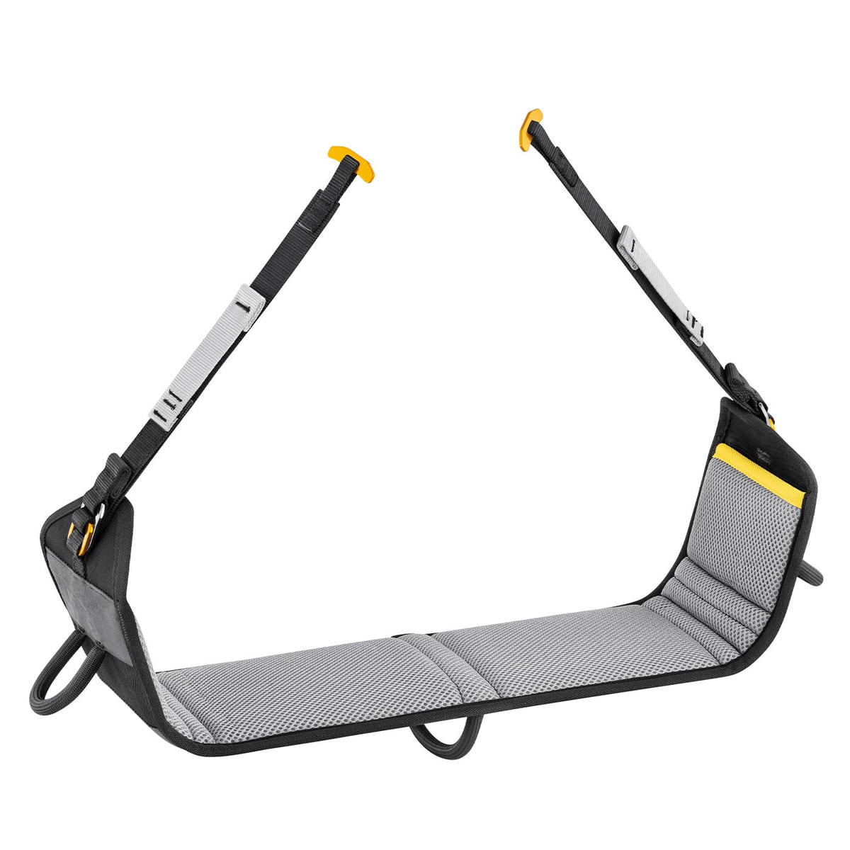 Podium von Petzl, ein grauer gepolsterter Sitz mit schwarzen und gelben Gurten und Schnallen