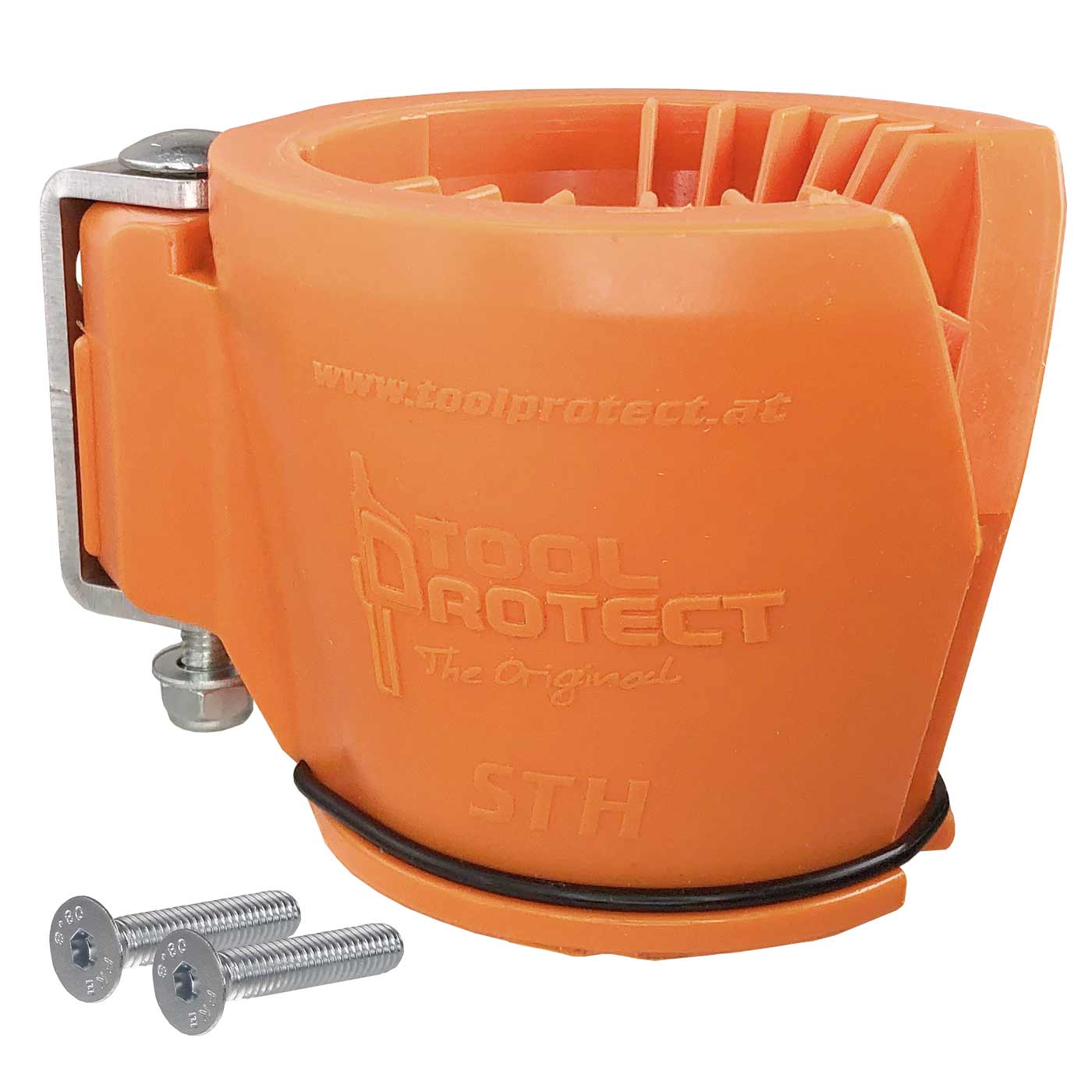 Schrauber- und Stangenhalter in orange mit Metallklammer und zwei Schrauben, Hersteller Tool Protect