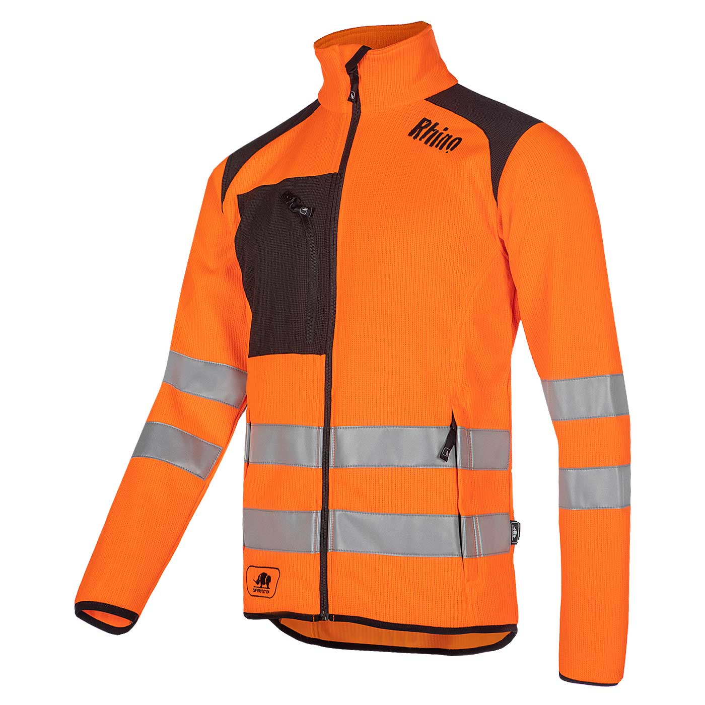 Tundra Flash Jacke in Orange mit reflektierenden Streifen, schwarzer Brusttasche mit Reißverschluss, Hersteller Rhino, Typ nicht sichtbar