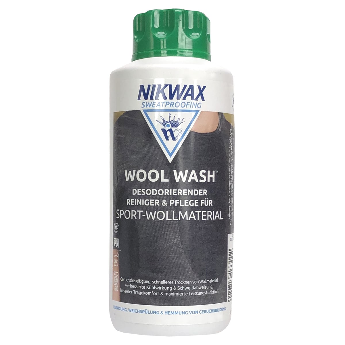 Nikwax Wool Wash Flasche mit grünem Deckel und weißem Etikett, Produktname Wool Wash, Hersteller Nikwax, Typ Reiniger für Sport-Wollmaterial