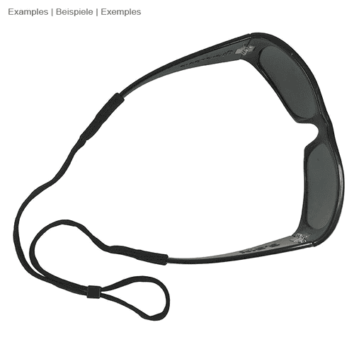Schwarze Sonnenbrille mit Brillenband, ohne Herstellerangabe, Ansicht von oben mit sichtbarem Brillenband
